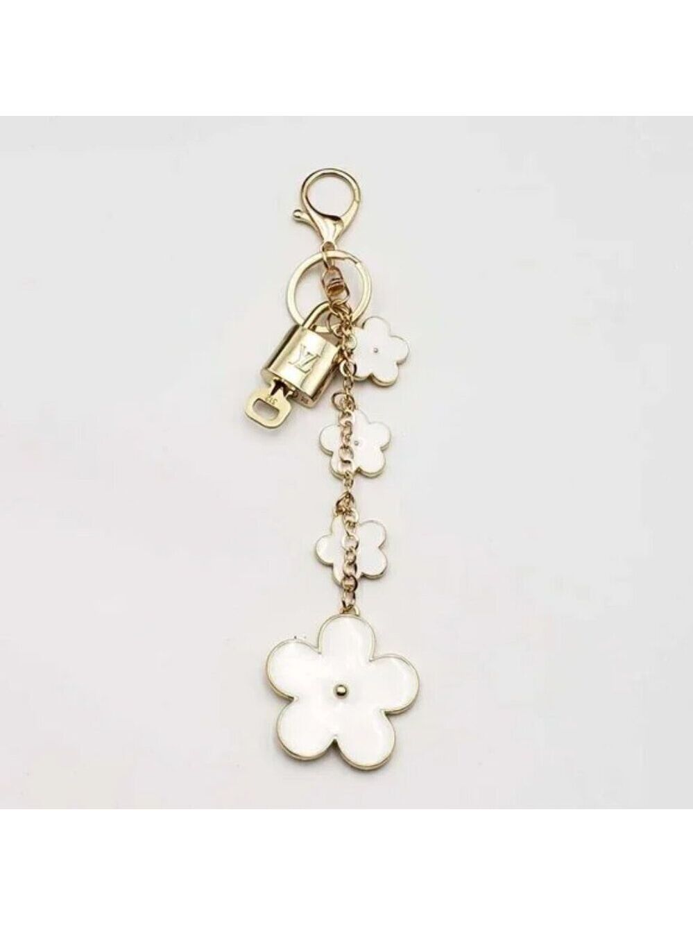 LV Gold Padlock Authentic 🔑 Luxury Bag Charm w/ Unbranded Flower Keychain - Picture 3 of 6